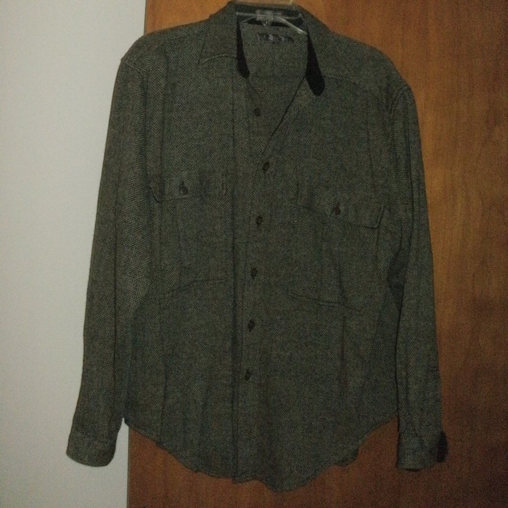 Vintage Genelli Gray Black Herringbone Wool & Acrylic Flap Pocket Casual Shirt L